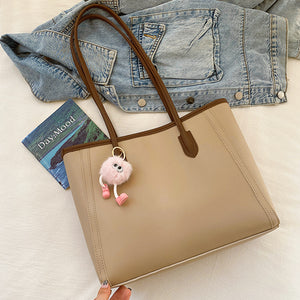Faux PU Leather Tote Shoulder Bag Pom Pom Charm Khaki Brown