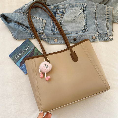 Faux PU Leather Tote Shoulder Bag Pom Pom Charm Khaki Brown