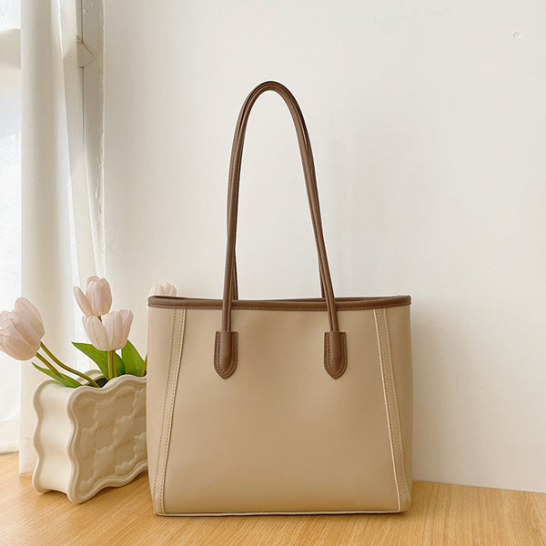 Faux PU Leather Tote Shoulder Bag Pom Pom Charm Khaki Brown