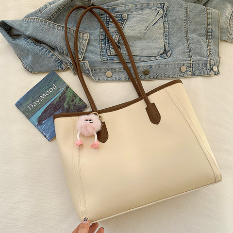 Faux PU Leather Tote Shoulder Bag Pom Pom Charm Beige Brown