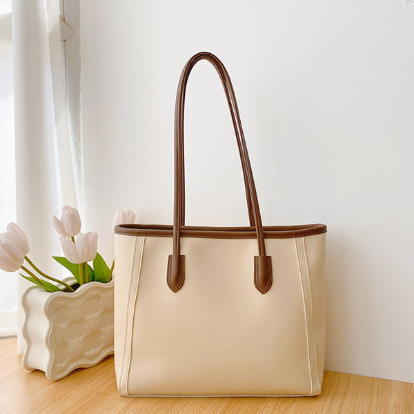 Faux PU Leather Tote Shoulder Bag Pom Pom Charm Beige Brown