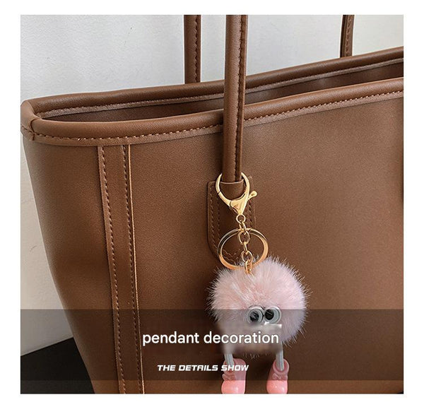 Faux PU Leather Tote Shoulder Bag Pom Pom Charm Beige Brown
