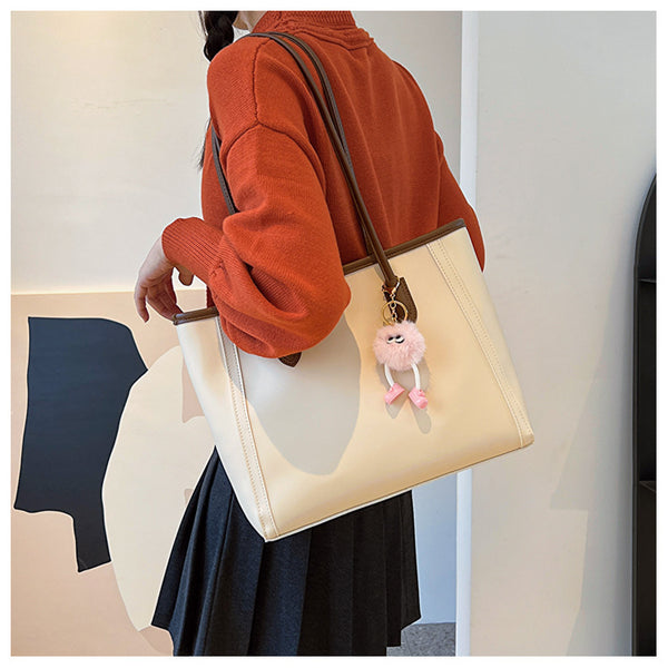 Faux PU Leather Tote Shoulder Bag Pom Pom Charm Beige Brown