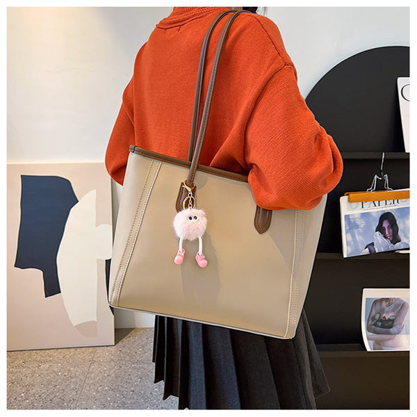 Faux PU Leather Tote Shoulder Bag Pom Pom Charm Beige Brown