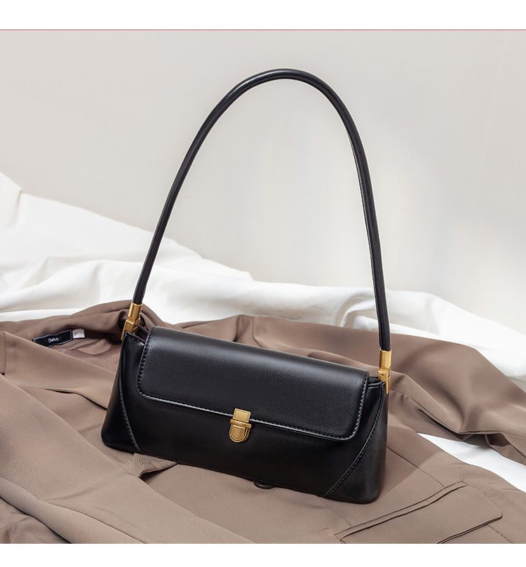 Faux PU Leather Baguette Underarm Shoulder Bag Handbag Gold Clasp Black