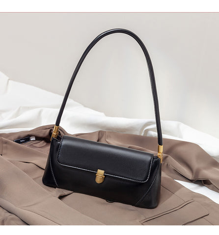 Faux PU Leather Baguette Underarm Shoulder Bag Handbag Gold Clasp Black