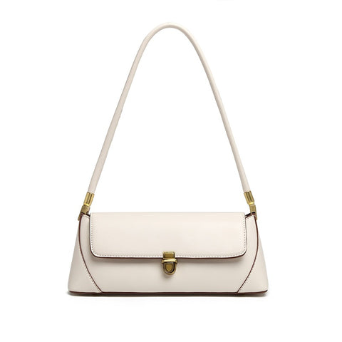 Faux PU Leather Baguette Underarm Shoulder Bag Handbag Gold Clasp Off White