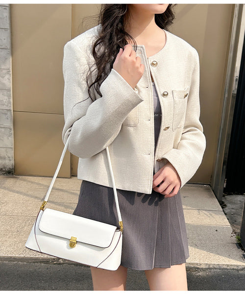 Faux PU Leather Baguette Underarm Shoulder Bag Handbag Gold Clasp Off White
