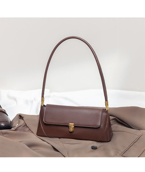 Faux PU Leather Baguette Underarm Shoulder Bag Handbag Gold Clasp Brown