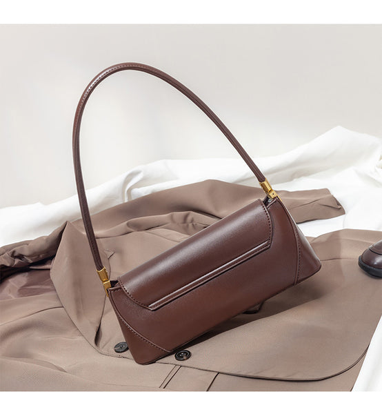 Faux PU Leather Baguette Underarm Shoulder Bag Handbag Gold Clasp Brown