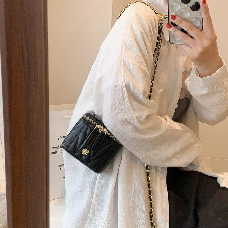 Faux PU Leather Quilted Mini Box Crossbody Shoulder Bag Chain Strap Black