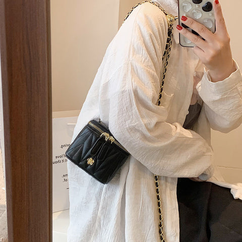 Faux PU Leather Quilted Mini Box Crossbody Shoulder Bag Chain Strap Black
