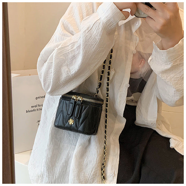 Faux PU Leather Quilted Mini Box Crossbody Shoulder Bag Chain Strap Black