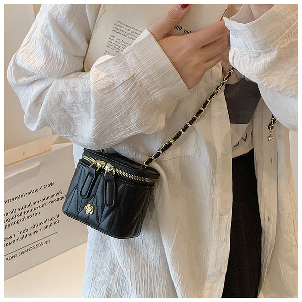 Faux PU Leather Quilted Mini Box Crossbody Shoulder Bag Chain Strap Black