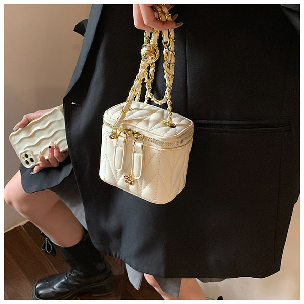 Faux PU Leather Quilted Mini Box Crossbody Shoulder Bag Chain Strap Beige