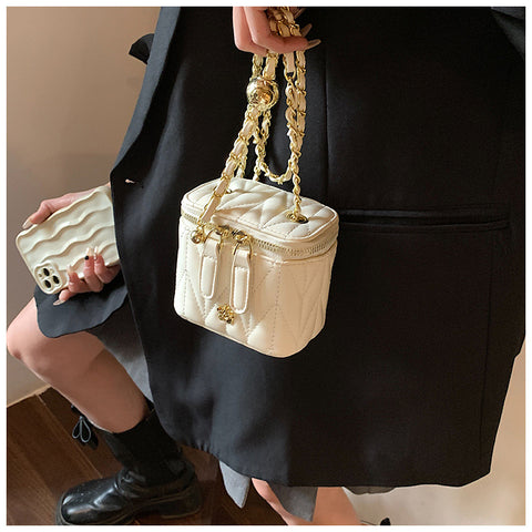 Faux PU Leather Quilted Mini Box Crossbody Shoulder Bag Chain Strap Beige