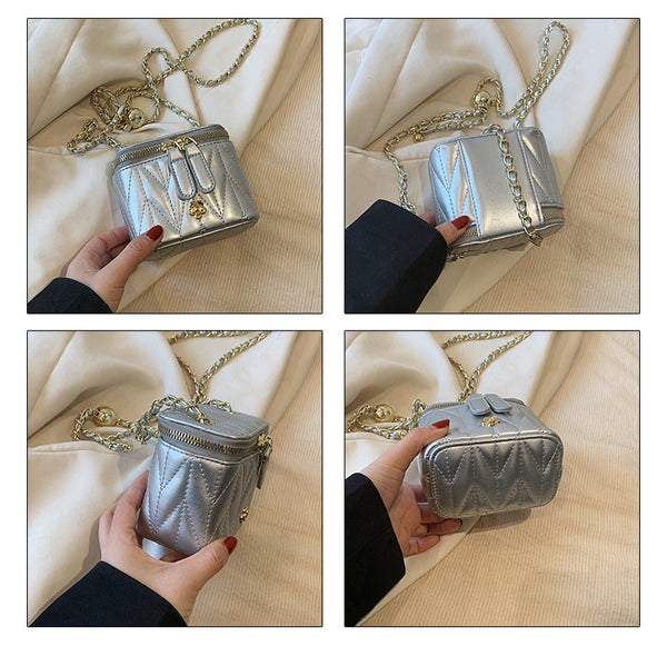 Faux PU Leather Quilted Mini Box Crossbody Shoulder Bag Chain Strap Beige