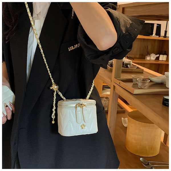 Faux PU Leather Quilted Mini Box Crossbody Shoulder Bag Chain Strap Beige