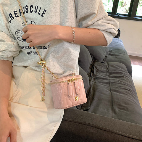 Faux PU Leather Quilted Mini Box Crossbody Shoulder Bag Chain Strap Pink