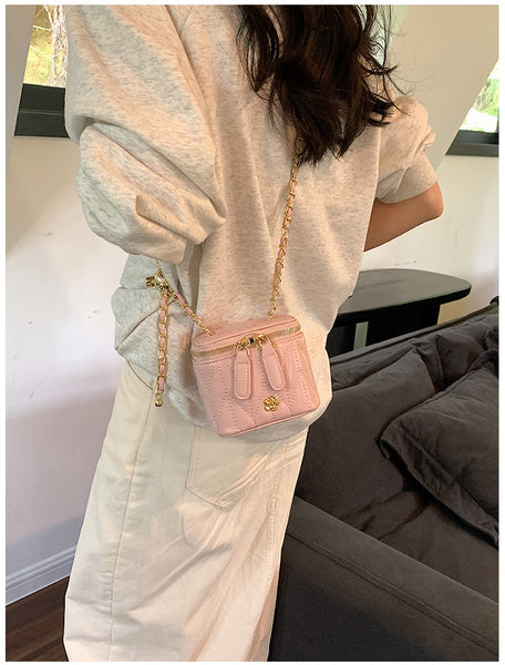 Faux PU Leather Quilted Mini Box Crossbody Shoulder Bag Chain Strap Pink