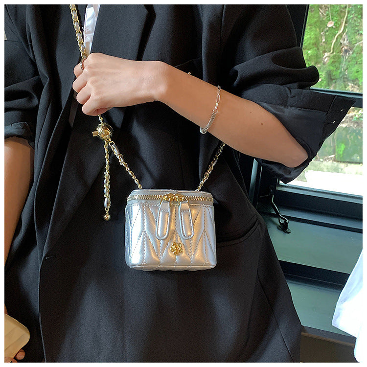 Faux PU Leather Quilted Mini Box Crossbody Shoulder Bag Chain Strap Silver