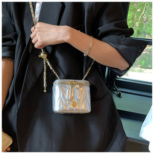 Faux PU Leather Quilted Mini Box Crossbody Shoulder Bag Chain Strap Silver