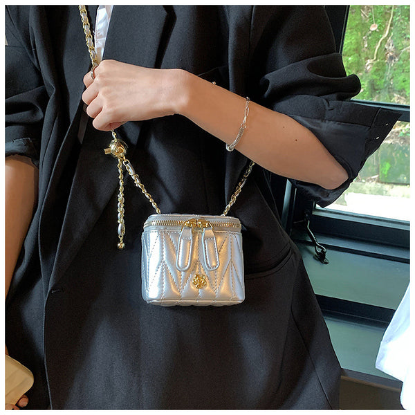 Faux PU Leather Quilted Mini Box Crossbody Shoulder Bag Chain Strap Silver