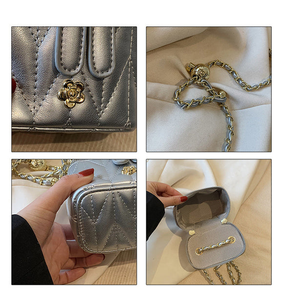 Faux PU Leather Quilted Mini Box Crossbody Shoulder Bag Chain Strap Silver