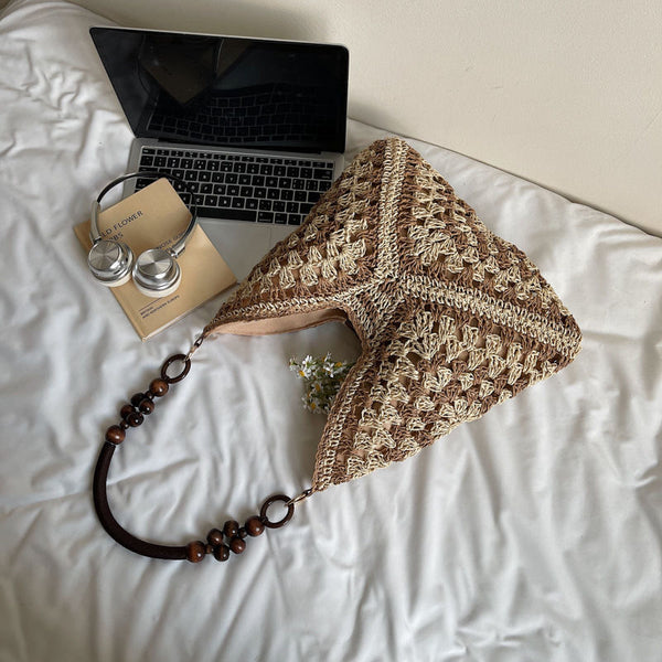 Hand Woven Crochet Paper Rope Crossbody Shoulder Bag Boho Bead Handle Brown