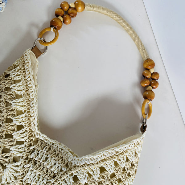 Hand Woven Crochet Paper Rope Crossbody Shoulder Bag Boho Bead Handle Brown