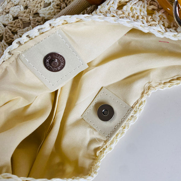 Hand Woven Crochet Paper Rope Crossbody Shoulder Bag Boho Bead Handle Brown