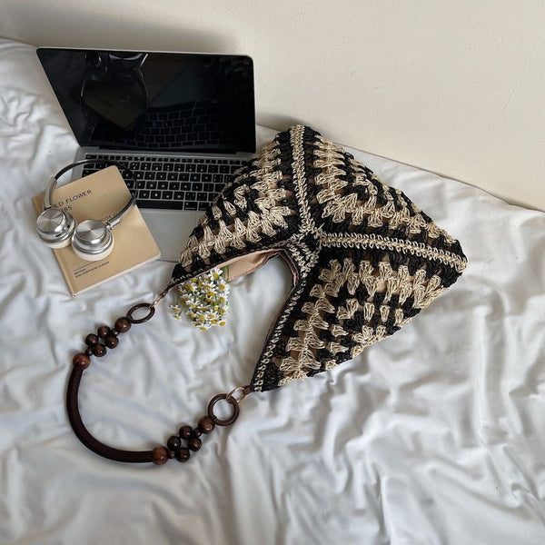 Hand Woven Crochet Paper Rope Crossbody Shoulder Bag Boho Bead Handle Beige