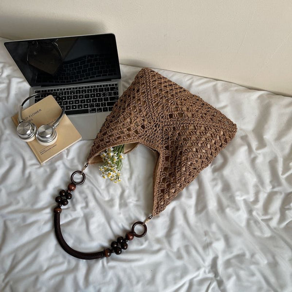 Hand Woven Crochet Paper Rope Crossbody Shoulder Bag Boho Bead Handle Brown