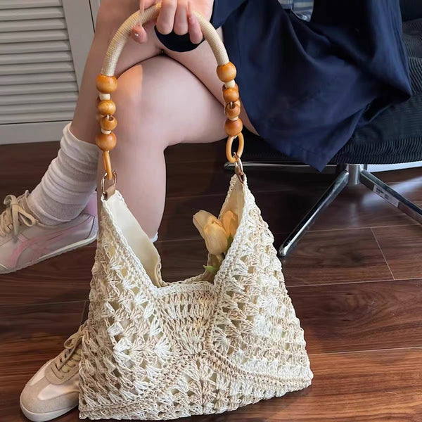 Hand Woven Crochet Paper Rope Crossbody Shoulder Bag Boho Bead Handle Beige