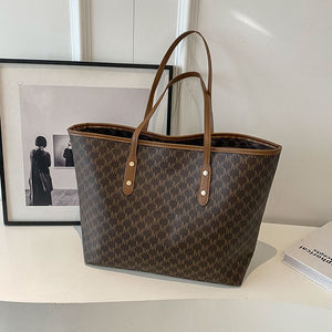 Faux PULeather Monogram Print Tote Shoulder Bag Coffee Brown