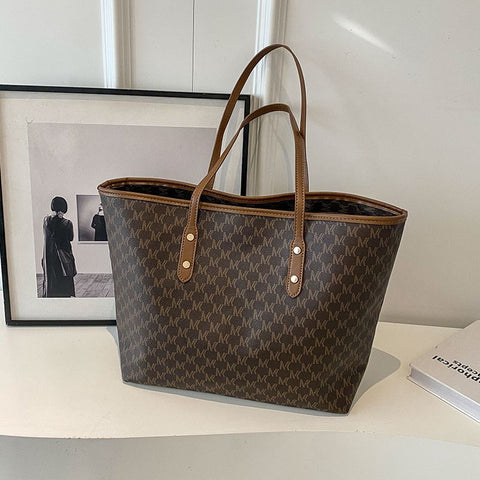 Faux PULeather Monogram Print Tote Shoulder Bag Coffee Brown