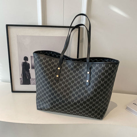 Faux PULeather Monogram Print Tote Shoulder Bag Black