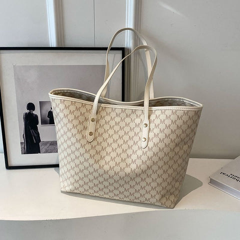 Faux PU Leather Monogram Print Tote Shoulder Bag Beige