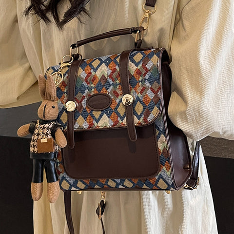 Geometric Print Convertible Crossbody Satchel Backpack Rabbit Charm Blue