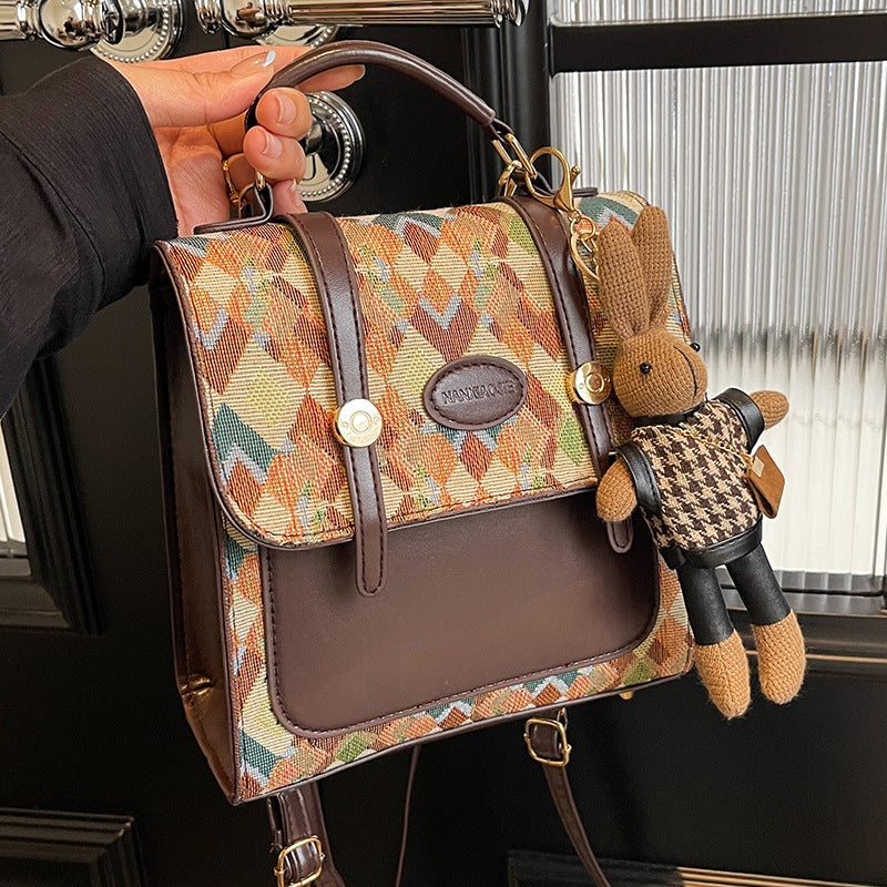 Geometric Print Convertible Crossbody Satchel Backpack Rabbit Charm Khaki