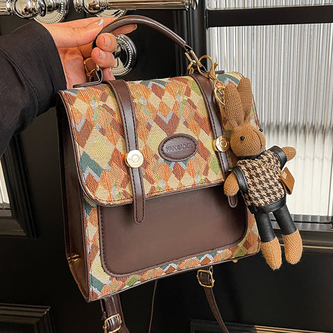 Geometric Print Convertible Crossbody Satchel Backpack Rabbit Charm Khaki