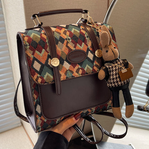 Geometric Print Convertible Crossbody Satchel Backpack Rabbit Charm Green