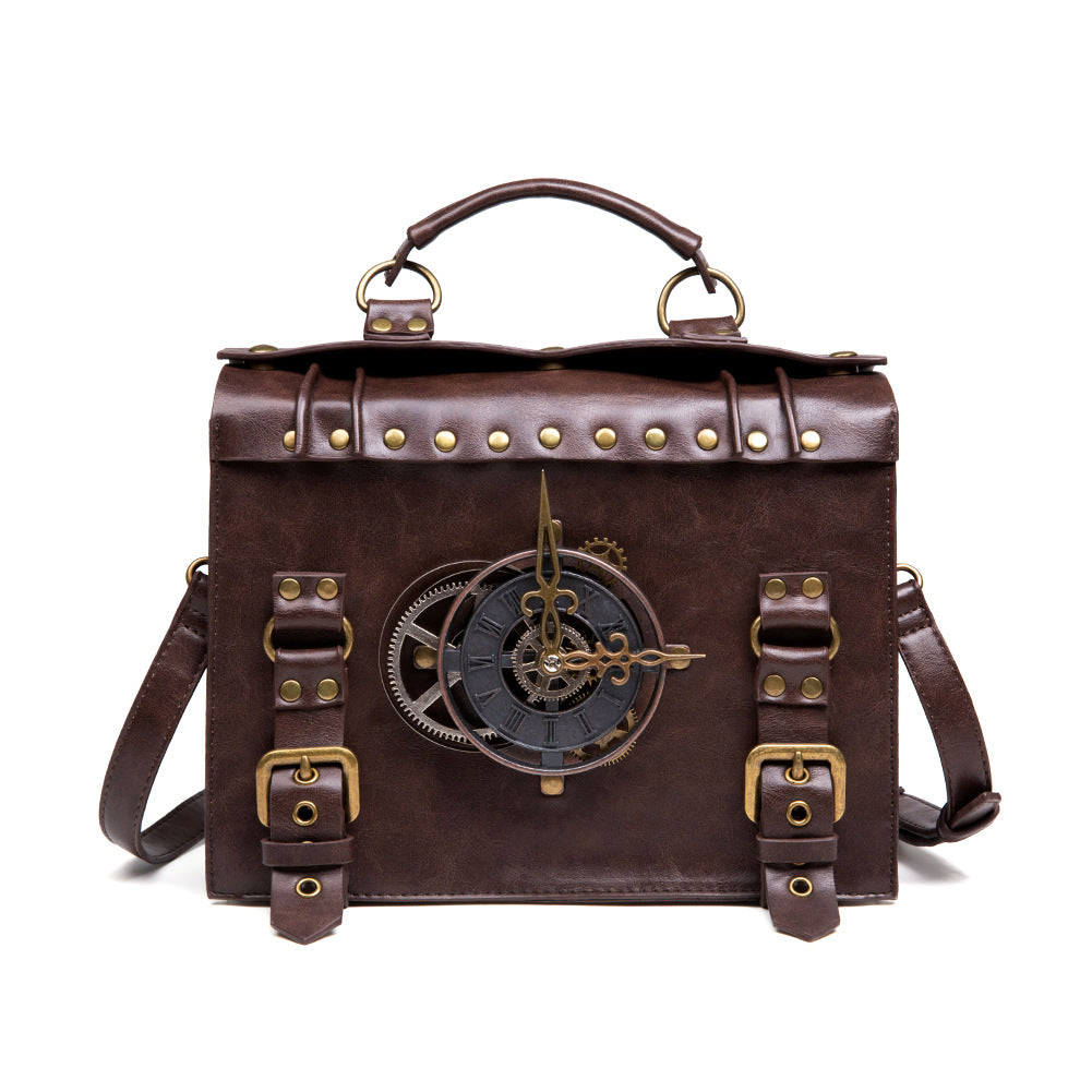 Faux PU Leather Crossbody Shoulder Bag Steampunk Clock Buckles Brown