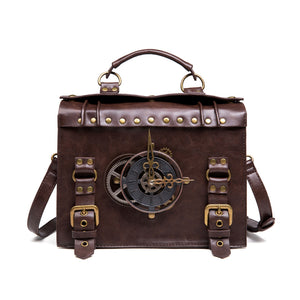 Faux PU Leather Crossbody Shoulder Bag Steampunk Clock Buckles Brown