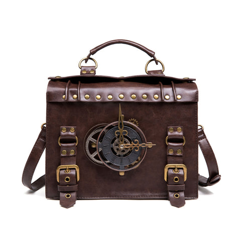Faux PU Leather Crossbody Shoulder Bag Steampunk Clock Buckles Brown