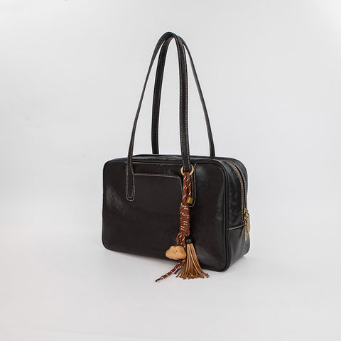 Genuine Split Leather Crossbody Shoulder Bowling Bag Top Handle Large Black