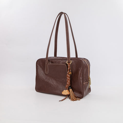 Genuine Split Leather Crossbody Shoulder Bowling Bag Top Handle Large Coffee