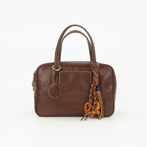 Genuine Split Leather Crossbody Shoulder Bowling Bag Top Handle Small Coffee
