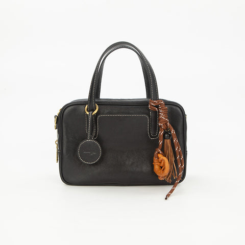 Genuine Split Leather Crossbody Shoulder Bowling Bag Top Handle Small Black
