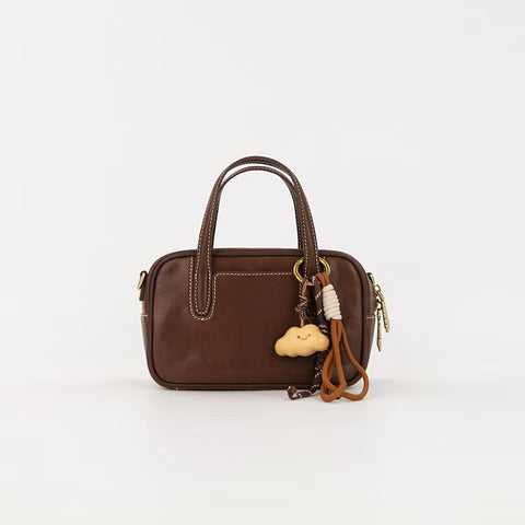 Genuine Split Leather Crossbody Shoulder Bowling Bag Top Handle Mini Coffee